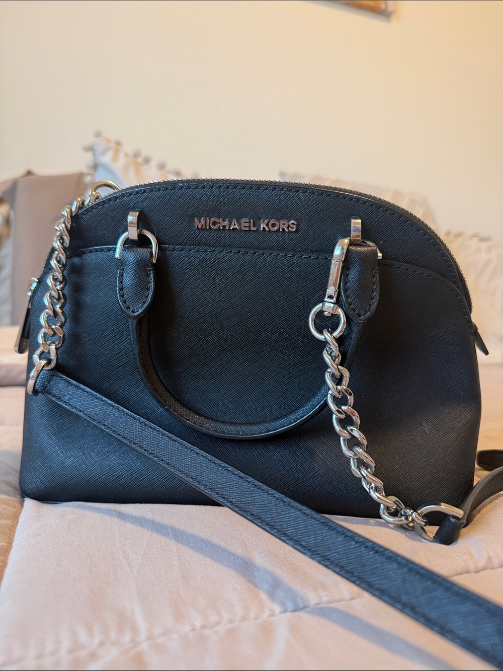 Michael Kors Black Saffiano Mini Dome Crossbody with Silver Chain